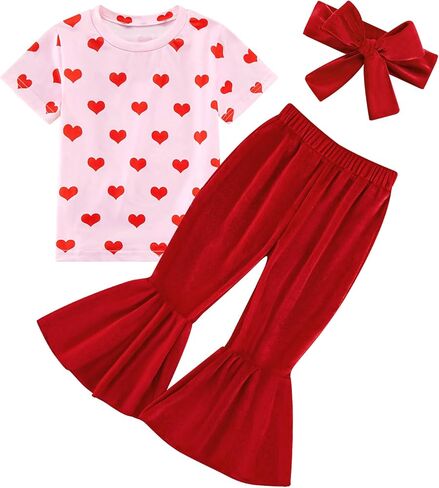 Toddler Baby Girl Valentines Day Outfit Heart Print T-Shirt Red Velvet Bell Bottoms Headband 3Pcs Clothes Set in Saudi Arabia