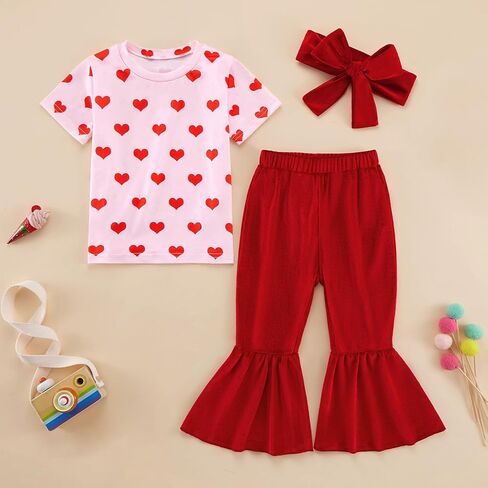 Toddler Baby Girl Valentines Day Outfit Heart Print T-Shirt Red Velvet Bell Bottoms Headband 3Pcs Clothes Set in Saudi Arabia