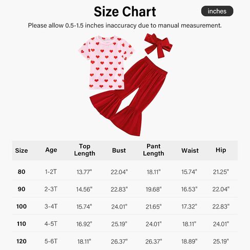 Toddler Baby Girl Valentines Day Outfit Heart Print T-Shirt Red Velvet Bell Bottoms Headband 3Pcs Clothes Set in Saudi Arabia