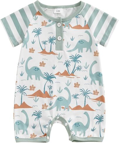 Toddler Baby Summer Jumpsuit Casual Dinosaur Print O Neck Button Romper Short Sleeve Newborn Boy Girl Cute Clothes in Kuwait