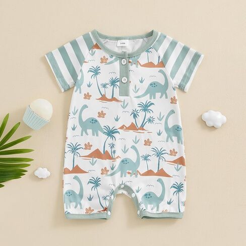 Toddler Baby Summer Jumpsuit Casual Dinosaur Print O Neck Button Romper Short Sleeve Newborn Boy Girl Cute Clothes in Kuwait