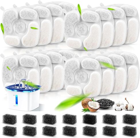 16 Pcs Set, 8 Replacement Filters & 8 Pre-Filter Sponges for Veken 67oz/2L, 95oz/2.8L, 135oz/4L Pet Fountain, Triple Filtration System Filter for Cat Water Fountain & Dog Water Dispenser in Kuwait