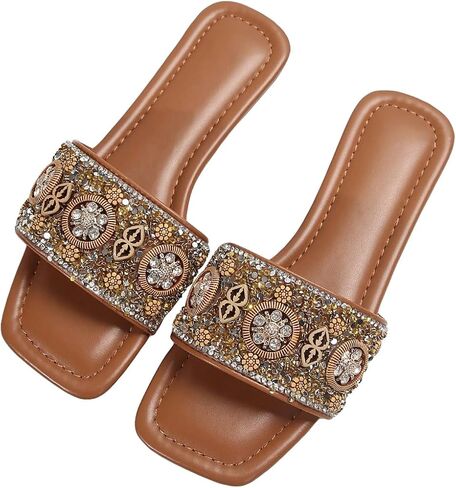 GORGLITTER Women's Glamorous Pearls Rhinestone Decor Square Toe Flat Sandals Open Toe Single Band Slide Shoes in Saudi Arabia