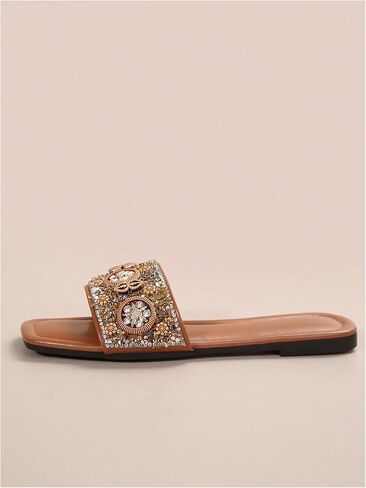 GORGLITTER Women's Glamorous Pearls Rhinestone Decor Square Toe Flat Sandals Open Toe Single Band Slide Shoes in Saudi Arabia