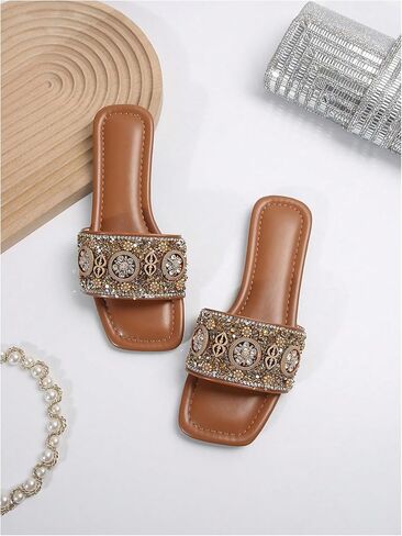 GORGLITTER Women's Glamorous Pearls Rhinestone Decor Square Toe Flat Sandals Open Toe Single Band Slide Shoes in Saudi Arabia
