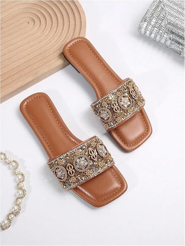 GORGLITTER Women's Glamorous Pearls Rhinestone Decor Square Toe Flat Sandals Open Toe Single Band Slide Shoes in Saudi Arabia