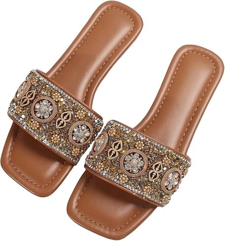 GORGLITTER Women's Glamorous Pearls Rhinestone Decor Square Toe Flat Sandals Open Toe Single Band Slide Shoes in Saudi Arabia