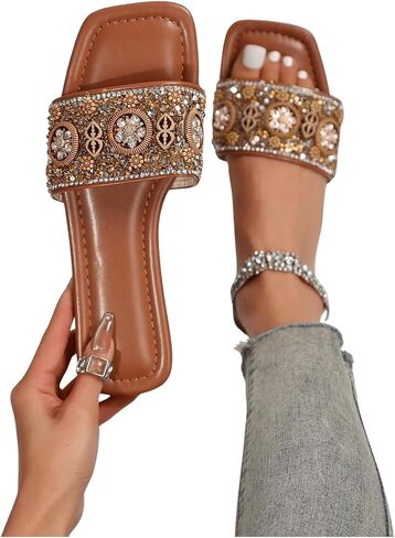 GORGLITTER Women's Glamorous Pearls Rhinestone Decor Square Toe Flat Sandals Open Toe Single Band Slide Shoes in Saudi Arabia