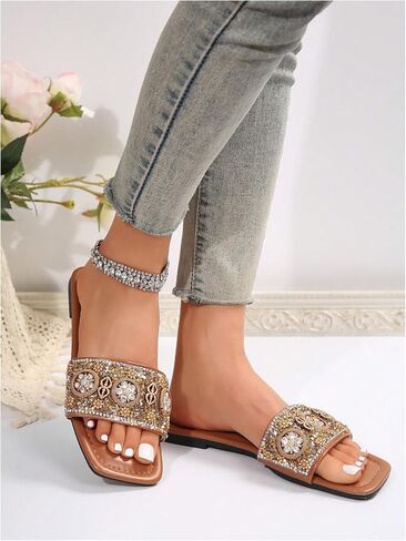 GORGLITTER Women's Glamorous Pearls Rhinestone Decor Square Toe Flat Sandals Open Toe Single Band Slide Shoes in Saudi Arabia
