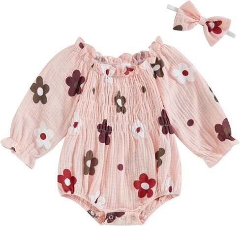 Toddler Baby Girl Outfits Long Sleeve Printed Pleated Jumpsuit Cute Baby Girl Summer Clothes Headband in Saudi Arabia