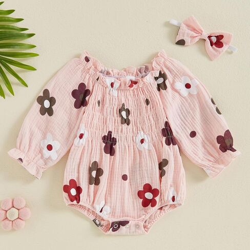 Toddler Baby Girl Outfits Long Sleeve Printed Pleated Jumpsuit Cute Baby Girl Summer Clothes Headband in Saudi Arabia
