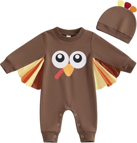 Lamuusaa Thanksgiving Baby Girl Boy Outfit Long Sleeve Turkey Romper One Piece Bodysuit Jumpsuit Hat Thanksgiving Clothes in Saudi Arabia