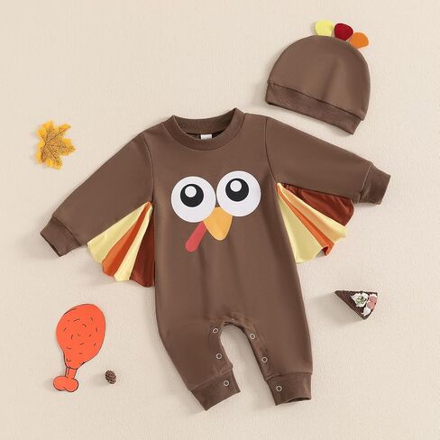 Lamuusaa Thanksgiving Baby Girl Boy Outfit Long Sleeve Turkey Romper One Piece Bodysuit Jumpsuit Hat Thanksgiving Clothes in Saudi Arabia
