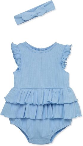 Little Me Simply Essential Solids 100% Organic Clothes for Baby Girls' Knit Bubble Romper and Headband Set, 3-12 Months in Saudi Arabia