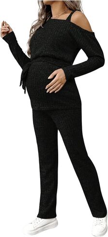 Women's 2 Piece Maternity Outfit Rib Knitted Asymmetrical Neck Belted T Shirt and Pants Matching Set Black Small in Saudi Arabia