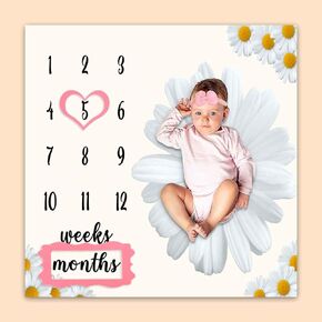 Baby Monthly Milestone Blanket, Big Daisy Blanket for Nursery, Girl 1-12 Months, includes 4 Frame and 1 Headband 40"x40" BTLSPH358