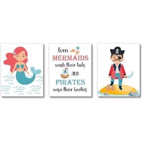 Brooke & Vine Kids Bathroom Wall Decor Art Prints (UNFRAMED 8 x 10 Set of 3) Mermaid Pirate Children, Toddler, Baby Girl, Baby Boy, Nursery, Classroom, Washroom, Restroom, Powder Room (Mermaid Pirate)