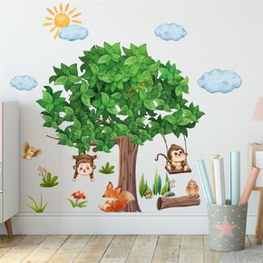 Green Tree Wall Decals Cute Monkey Swinging On A Swing Woodland Animals Cloud Wall Stickers Removable Peel and Stick Baby Nursery Kids Room Bedroom Daycare Wall Decor 30.7in*34.2in