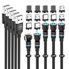 VISAGLOR Magnetic Charging Cable 5-Pack (1.6/3.3/3.3/6.6/6.6FT) - 360°&180° Rotating Magnetic Phone Charger Cable/USB Magnetic Cable, Nylon-Braided Charging Cords for Type C, Micro USB, iProduct