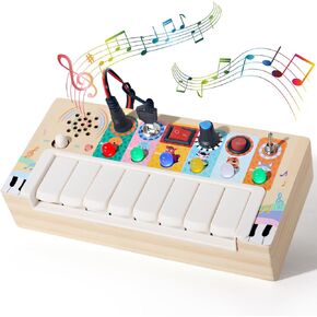Busy Board Montessori Toys，Baby Magic Xylophone Wooden Musical Toy with Lights,, Baby Wooden Busy Board with 6 LED Light switches, Sensory Toys Light Switch Toys Travel Toys for 1+ Year Old