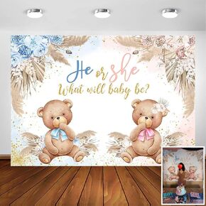 Avezano Boho Bear Gender Reveal Backdrop He or She Party Decorations Pink or Blue Pampas Grass Gender Reveal Party Photography Background Bohemian Bear Gender Reveal Decorations Photoshoot (7x5ft)