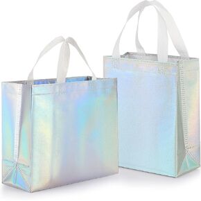 24 Pcs Iridescent Holographic Gift Bags with Handles, Include 12 Large Size Iridescent Gift Bags and 12 Medium Size Glossy Gift Bags, Reusable Iridescent Gift Bags for Birthdays, Parties in Saudi Arabia