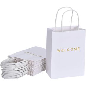 driew Welcome Gift Bags 50 Pack, 5.9 x 3.1 x 8.3'' White Paper Bags with Handles White Gift Bags for Retail, Wedding,Party, Shopping,Golden Bronzing Welcome in Kuwait