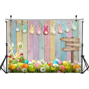 WOLADA 10x8FT Spring Easter Backdrop Happy Easter Colorful Wood Photography Backdrops Easter Theme Photography Backdrop Bunny Rabbit Colorful Eggs Grass Floral Baby Kids Party Decor 12394