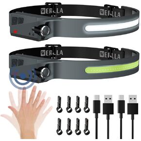 2 Rechargeable Headlamp, Werlla Wide Beam 230 LED Headlamp Flashlight, 1200 Lumen Bright Head Lamp & Spotlight, Sensor Mode, 2.4oz Lightweight Headlamps with Clips for Outdoor Running, Hardhat, Hiking