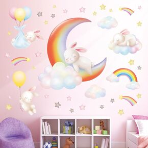DECOWALL SG2-2313 Rainbow Moon Clouds and Rabbits Wall Stickers Decals Bedroom Star Room Nursery for Girls Baby Decorations Girly Kids Balloon Living