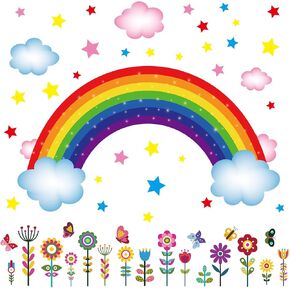 3 Sheets Rainbow Wall Decal Rainbow Wall Sticker, Large Removable Rainbow Butterflies Clouds Star Flower Wall Decals for Nursery Kids Girls Bedroom Decor in Saudi Arabia