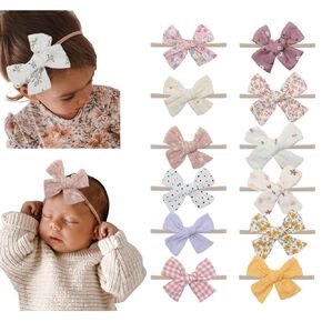Baby Girl Muslin Hair Bow Nylon Headbands, Cotton Floral Print Bowknot Hair Bands 12Pcs for Newborn Infant Toddlers (ZT 12pcs)