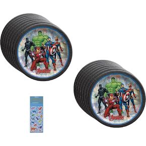 Avengers Birthday Party Supplies Bundle includes Dessert Cake Paper Plates and 1 Dinosaur Sticker Sheet