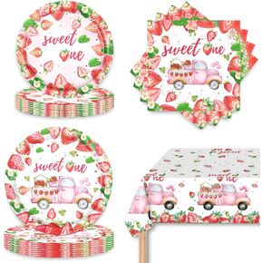 Strawberry Theme Party Decorations Tableware Serve 16 | Sweet One Party Plates Napkin and Tablecloth Party Supplies for Birthday