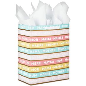 Hallmark 13" Large Mother's Day Gift Bag with Tissue Paper (Pink, Yellow, Green Stripes, Multilingual) for Mom, Mama, Madre, Mutter, Mum, Mommy, Matka, multicolor