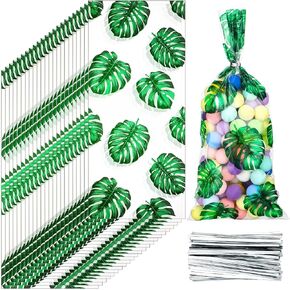 Thenshop 100 Pcs Tropical Leaf Party Favor Bags Hawaii Gift Bags Luau Goodie Bags Jungle Treat Bags with 150 Pcs Silver Twist Ties for Aloha Party Birthday Party Baby Shower
