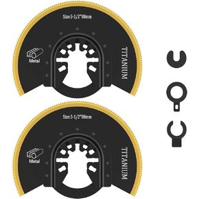 2Pcs Oscillating Saw Blades, Bi-metal Titanium Coated Multitool Blades, Semi Circle Flush Cut Oscillating Saw Blades with Gasket Adapter, Fast Cutting Saw Blades for Wood Plastic Metal Cutting