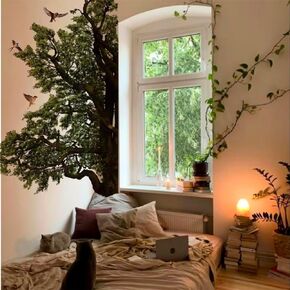 astrkiz Original Hand Drawn Large Oak Tree Branch Wall Decals Peel and Stick, PVC Realistic Tree Wall Murals, Birds Sticker Wall Art Decor for Boys Bedroom Neutral Gender Kids Room Playroom