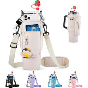 Water Bottle Holder with Strap for Stanley 40oz Tumbler with Handle, Water Bottle Carrier Bag with Phone Pocket, Wrap Around Drink Pocket Carrier with Adjustable Shoulder Strap & Carabiner