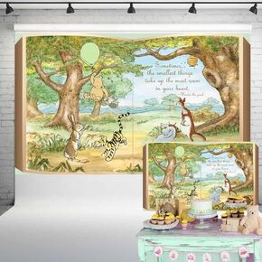 Claasic Pooh Giant Book Backdrop Gender Neutral Baby Shower Decorations Vintage Winnie Bear Green Balloon in Hundred Acre Wood Background Birthday Party Banner 7x5 ft 118
