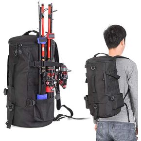 Pannow Cylindrical Fishing Tackle Backpack, Large Capacity Polyester Fishing Bags Backpack with Rod Holder, Multifunctional Fishing Gear Bag, Black,45 * 12 * 11cm