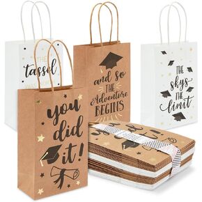 Sparkle and Bash 24 Pack Graduation Party Favor Gift Bags with Handles, Class of 2025 Grad Supplies, 4 Designs (9 x 5.3 x 3.1 In)