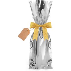 حقائب هدايا معدنية من CB Accessories لزجاجات النبيذ 25 كيسًا مع شريط وعلامات، مثالية لحفلات العطلات وحفلات الزفاف وأعياد الميلاد (فضية) in Kuwait