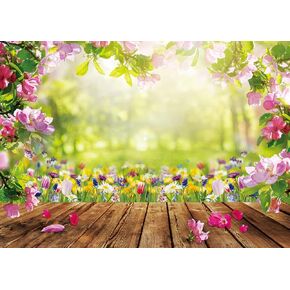 7x5ft Spring Backdrop Spring Pink Flowers Photography Backdrop Nature Backdrop Easter Wood Floor Photo Backdrop Baby Shower Kids Photoshoot Banner Photo Booth Props F43