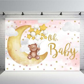 MEHOFOND 7x5ft Baby Shower Blue Backdrop Oh Baby for Girls Newborn Baby is on The Way Photography Background Moon Cloud Stars Bear Baby Shower Party Banner Decorations Photo Booth Props