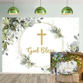 Greenery God Bless Backdrop First Holy Communion Baptism Backdrop 7x5ft Green and Gold Eucalyptus Green Leaves Baby Shower Party Decor Background (7X5FT(210x150cm))