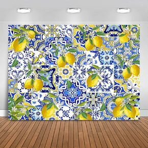 Fitumiw Blue Tiles Lemon Backdrop 7x5ft Summer Fruit Baby Shower Birthday Background Party Decorations Lemon Wall Paper Dessert Table Cloth Banner Photo Booth Props