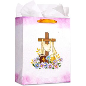 SICOHOME Easter Gift Bag with Handle 13" Religious Gift Bag with Tissue Paper and Greeting Card Baptism Gifts Bag Gift Wrapping Bags for Party Favor Bags for Easter Christenings Baptism First Communions Confirmations or Religious Party