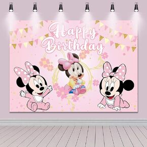Cartoon Baby Mouse Backdrop Kids 1st 2nd Birthday Pink Mouse Theme Party Photography Backdrop Girls Baby Shower Cake Table Decoration Background (7x5ft)