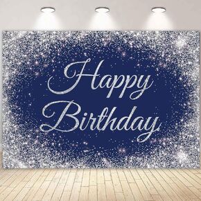 7X5FT Navy Blue and Silver Happy Birthday Banner Backdrop Glitter Spots Decorations Photography Background Party Wall Supplies Photo Booth Shoot Studio Props